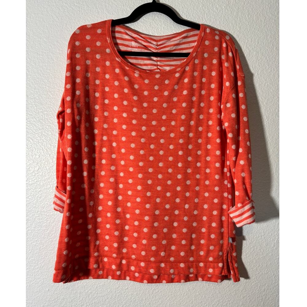 T by Talbots Women's Top Size S Orange White Polka Dot 3/4 Sleeves Striped Wrist